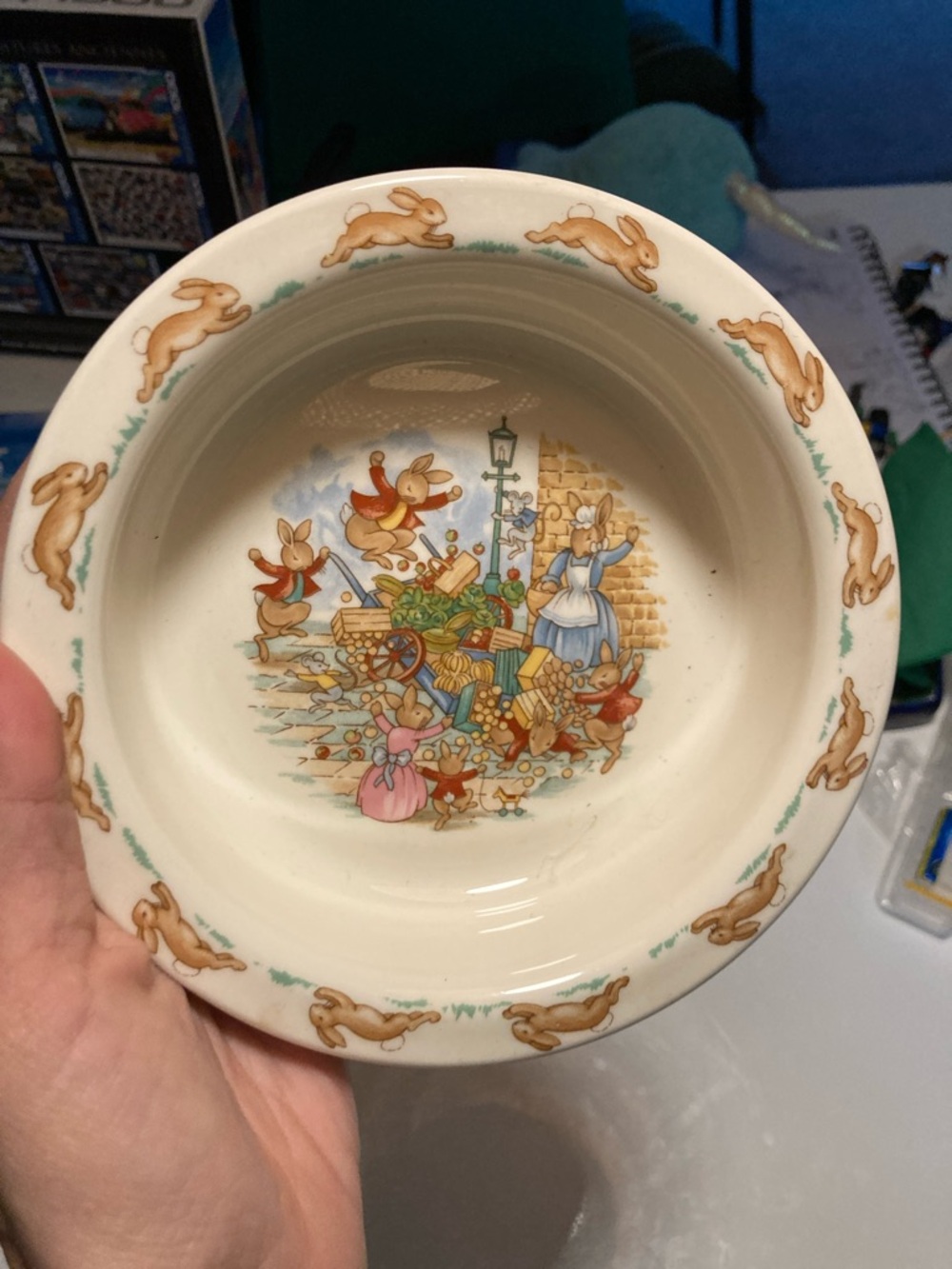 Vintage Beatrix potter Children's Bunny Ceramic Pet Bowl - Cream and Brown